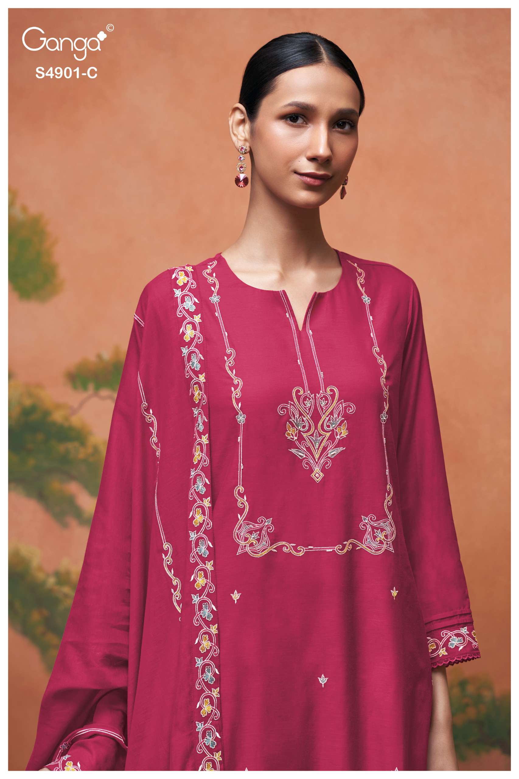 GANGA NAVISHA 4901 MUL SOLID COLOR CROCHET LACE ON DAMAN & SLEEVES SUIT LADIES EXPORT